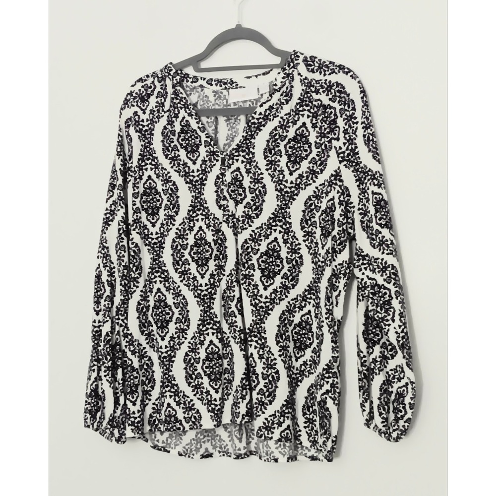 Belle by Kim Gravel Blouse Women's Size‎ L Floral Ikat Blouson Sleeve Purple